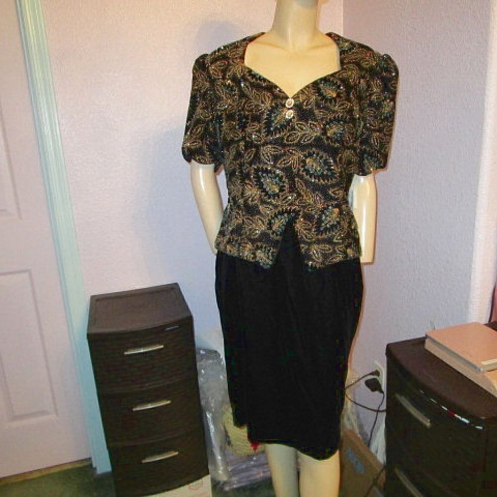 Vtg Scott McClintock Velvet Dress Size 16 Glitter Peplum Old Money MOTB Regency